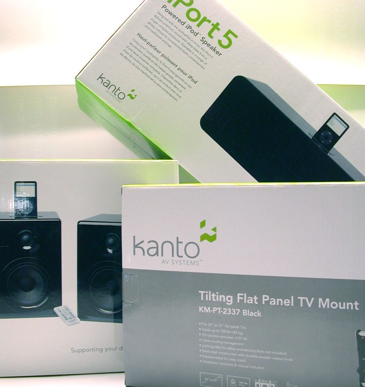 Kanto AV Systems product package grouping with speakers and TV wall mount.